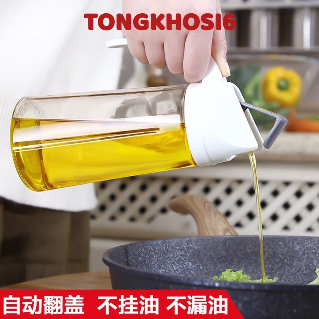 Lọ đựng dầu thủy tinh dung tích 630ml tự động mở nắp khi rót nắp trắng