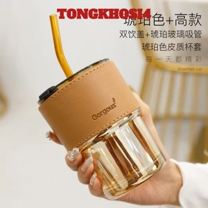 Cốc Giữ Nhiệt Thủy Tinh Tặng Kèm Bao Da Ống Hút , Ly Chịu Nhiệt Dùng Uống Cafe Sang Chảnh - COC58