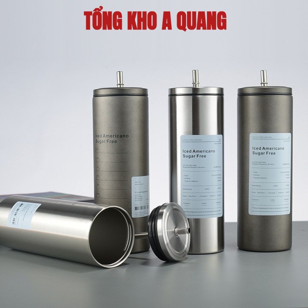 ( MẪU MỚI 2024) Ly Giữ Nhiệt Iced Americano Inox 304 Cao Cấp Không, Cốc Uống Nước Giữ Nhiệt 650ML Ống Hút Siêu Tiện Lợi
