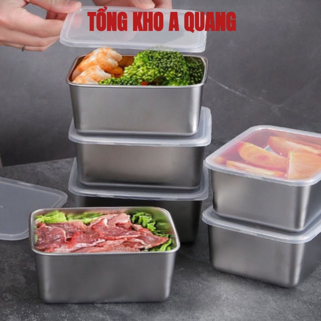 [COMBO] 5 Hộp VUÔNG Đựng Thực Phẩm INox 304 Kèm Nắp, Hộp Đựng Đồ Tủ Lạnh - AK35487