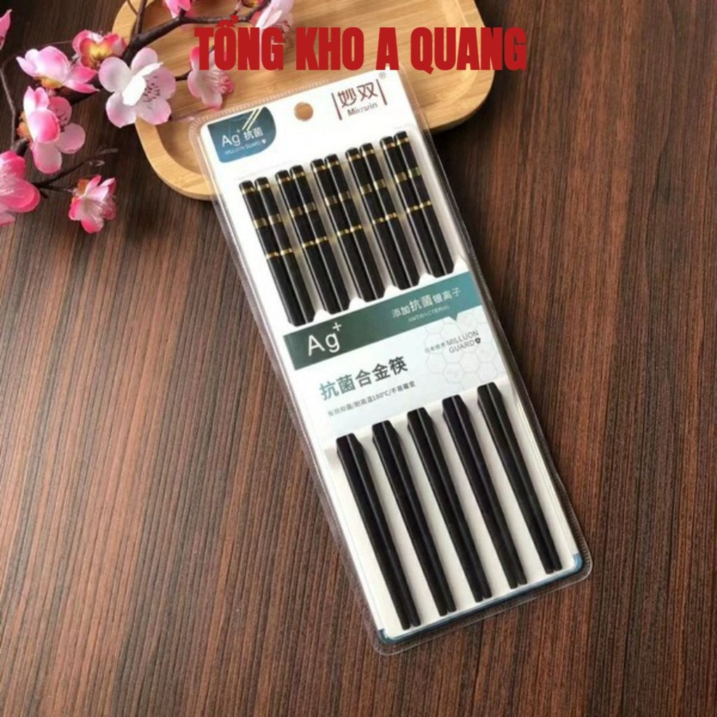 Đôi Đũa Nhựa Đen Cao Cấp Đầu Khảm Bạc AG, Đũa Chịu Nhiệt, An Toàn , Bộ 10 Đôi Đũa Mạ Vàng (Hộp Đựng)