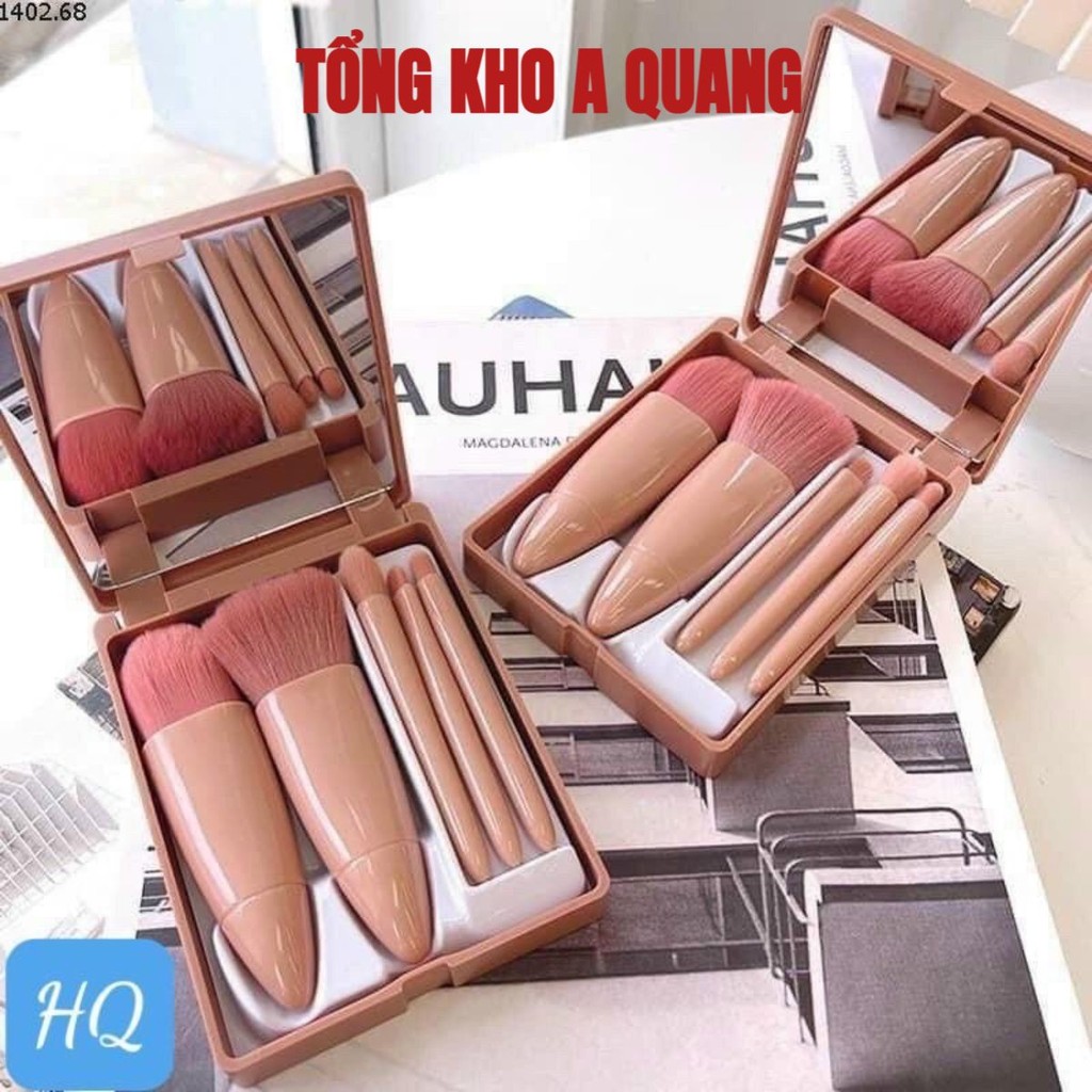 Hộp 5 Cây Cọ Trang Điểm Cao Cấp Kèm Gương Màu Hồng, Bộ Cọ Trang Điểm Đa Chức Năng Cầm Tay Đầy Đủ Các Chức Năng Trang Đểm