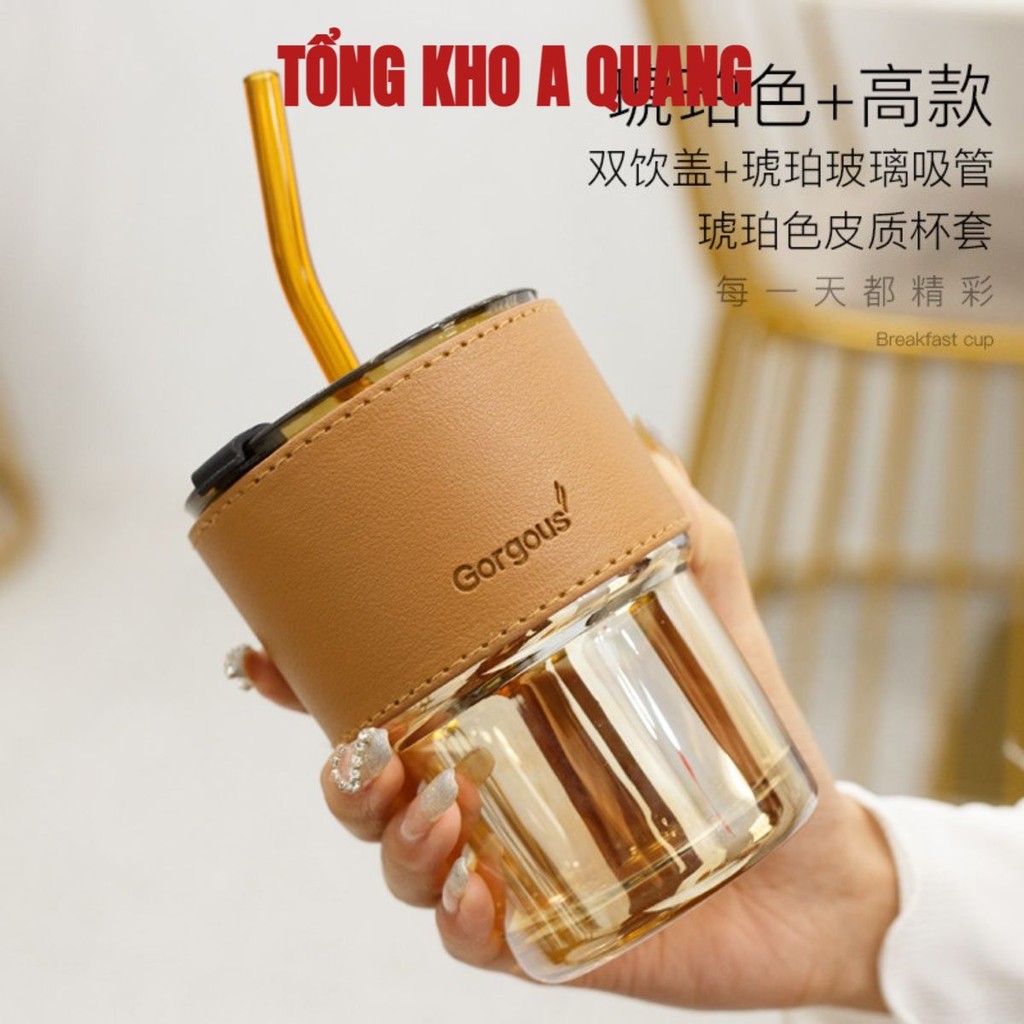 Cốc Giữ Nhiệt Thủy Tinh Tặng Kèm Bao Da Ống Hút, Ly Chịu Nhiệt Dùng Uống Cafe Sang Chảnh - AK938