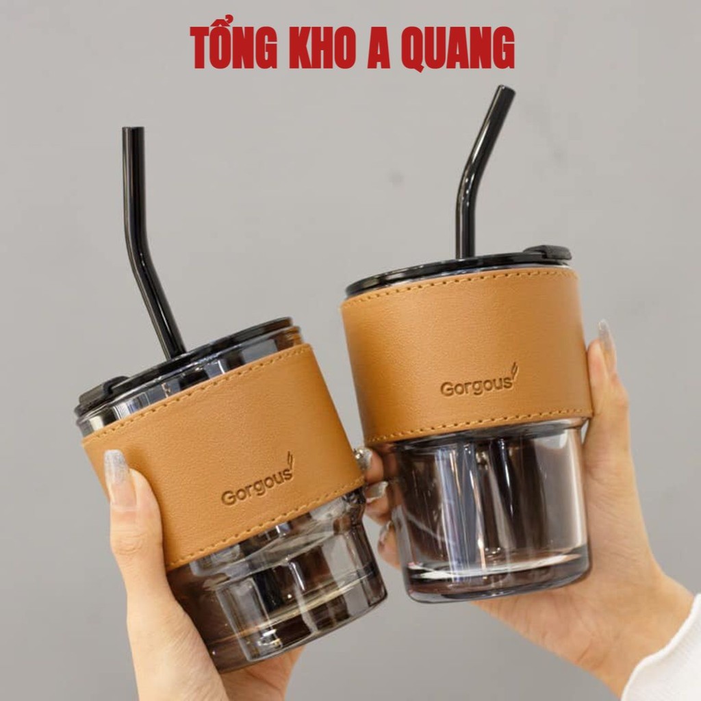 Cốc Thủy Tinh GORGOUS Có Nắp , Ly Uống Nước Có Ống Hút Và Bao Da Xịn Đi Kèm - 450ml Có 2 Màu AK6585