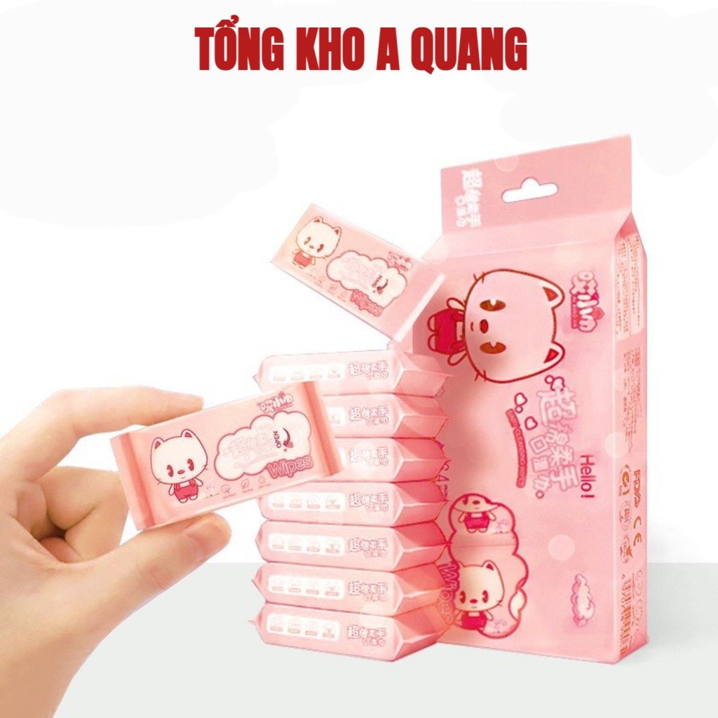 Set 8 Gói/ 64 Tờ Khăn Giấy Ướt Mini Bỏ Túi Tiện Lợi, Khăn Ướt Hoạt Hình Vải Không Dệt 14 x 15 cm Cho Bé