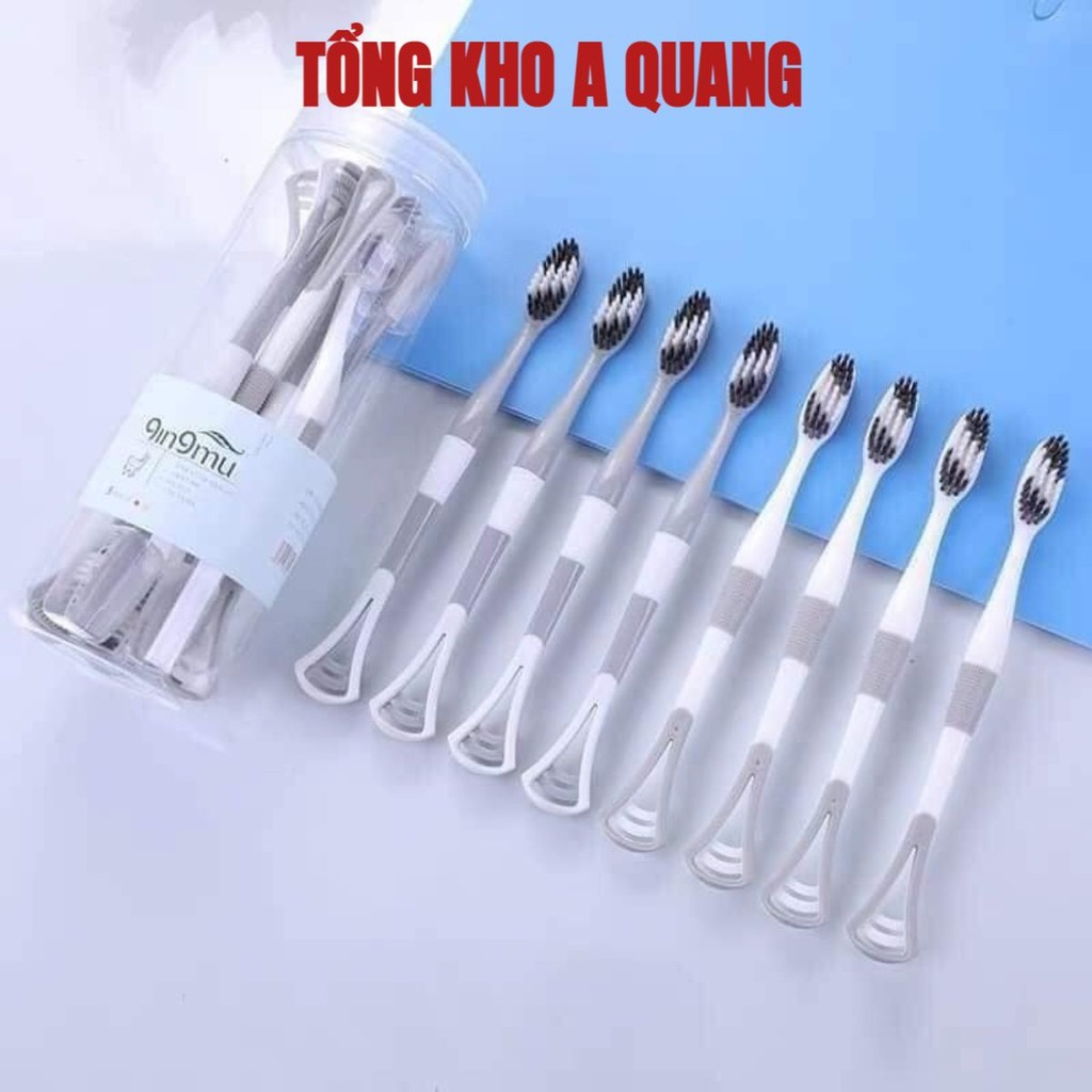 Hộp 8 Bàn Chải Đánh Răng 2 Đầu Kèm Cạo Lưỡi , Bàn Chải Đánh Răng 2 In 1 Có Đầu Cạo Lưỡi, Bàn Chải Đánh Răng Kèm Cạo Lưỡi