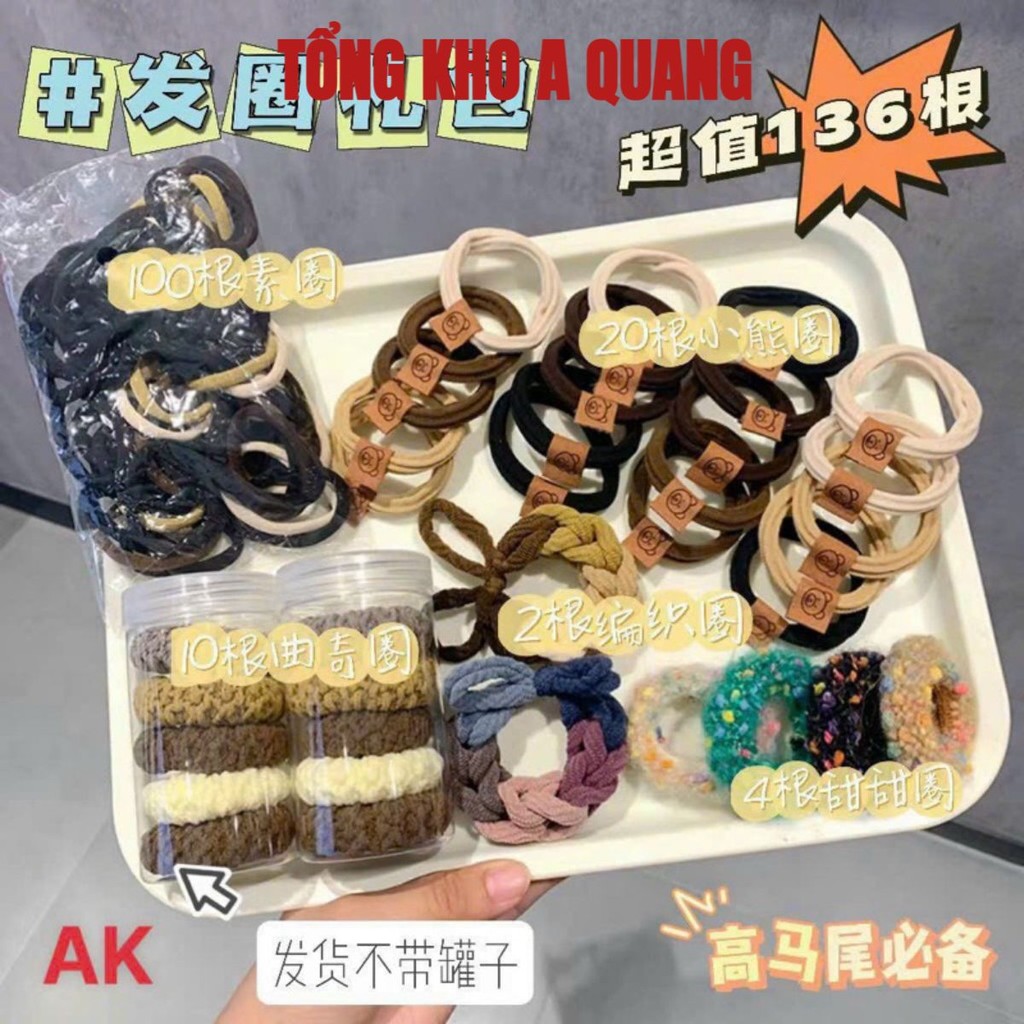 Set Dây Buộc Tóc 136 Chi Tiết, Set 136 chi Tiết Gồm 20 Dây Buộc Tóc Gắn TAG, 100 Chun Buộc Tóc... Dây Buộc Tóc Hàn Quốc