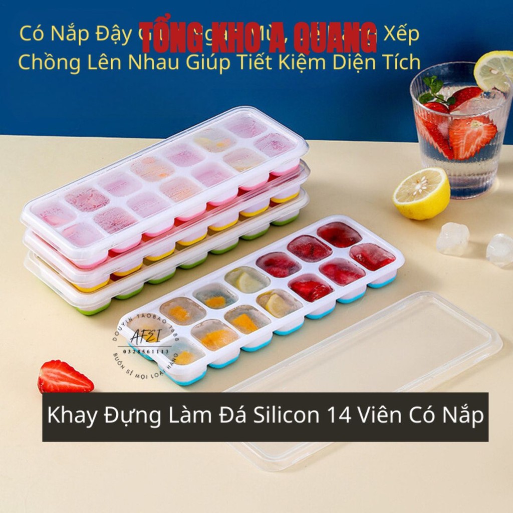 (COMBO 5) Khay Đá Có Nắp Đậy Silicon 14 Viên, Khay Đựng Đá Tủ Lạnh, Khuôn Làm Đá Thạch Kem Bảo Quản Chống Mùi Tuyệt Đối