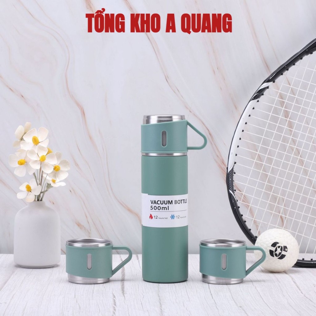 Bình Giữ Nhiệt Cao Cấp 500ML Lõi Inox 304 Tặng Kèm 2 Cốc Cách Nhiệt, Fullbox Làm Quà Tặng Sang Trọng- Bộ Bình Giữ Nhiệt