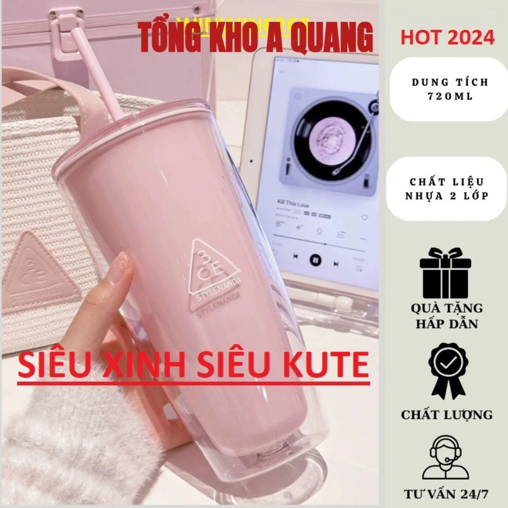 Ly Giữ Nhiệt, Cốc 3CE Nhựa 2 Lớp 720ml Siêu Xinh Tặng Kèm Ống Hút, Cốc Giữ Nhiệt 3CE Style 720ml Bình Nước Cute Có Lắp
