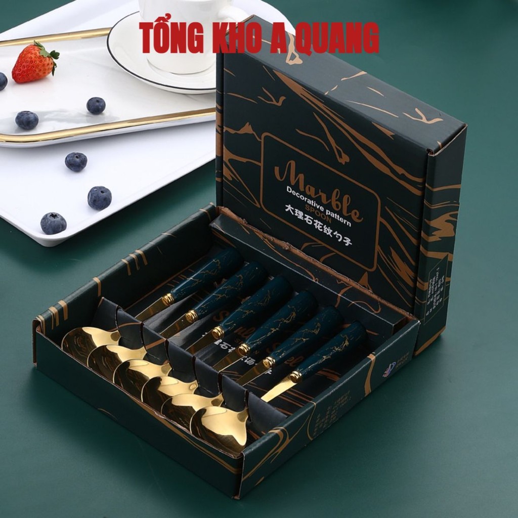 (ComBo 6 Thìa) Thìa Inox Mạ Vàng Màu Xanh Ngọc Vân Đá Xinh Xỉu Phong Cách Châu Âu Cao Cấp Kèm Hộp