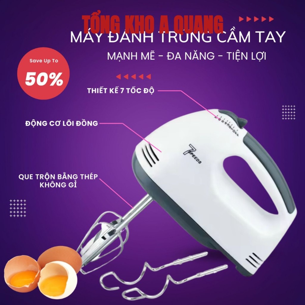 Máy Đánh Trứng Cầm Tay 7 Tốc Độ - Máy Khuấy Đánh Trứng Mini Đa Năng - Động Cơ Lõi Đồng Mạnh Mẽ - Bảo Hành 3 Tháng MÃ: 96