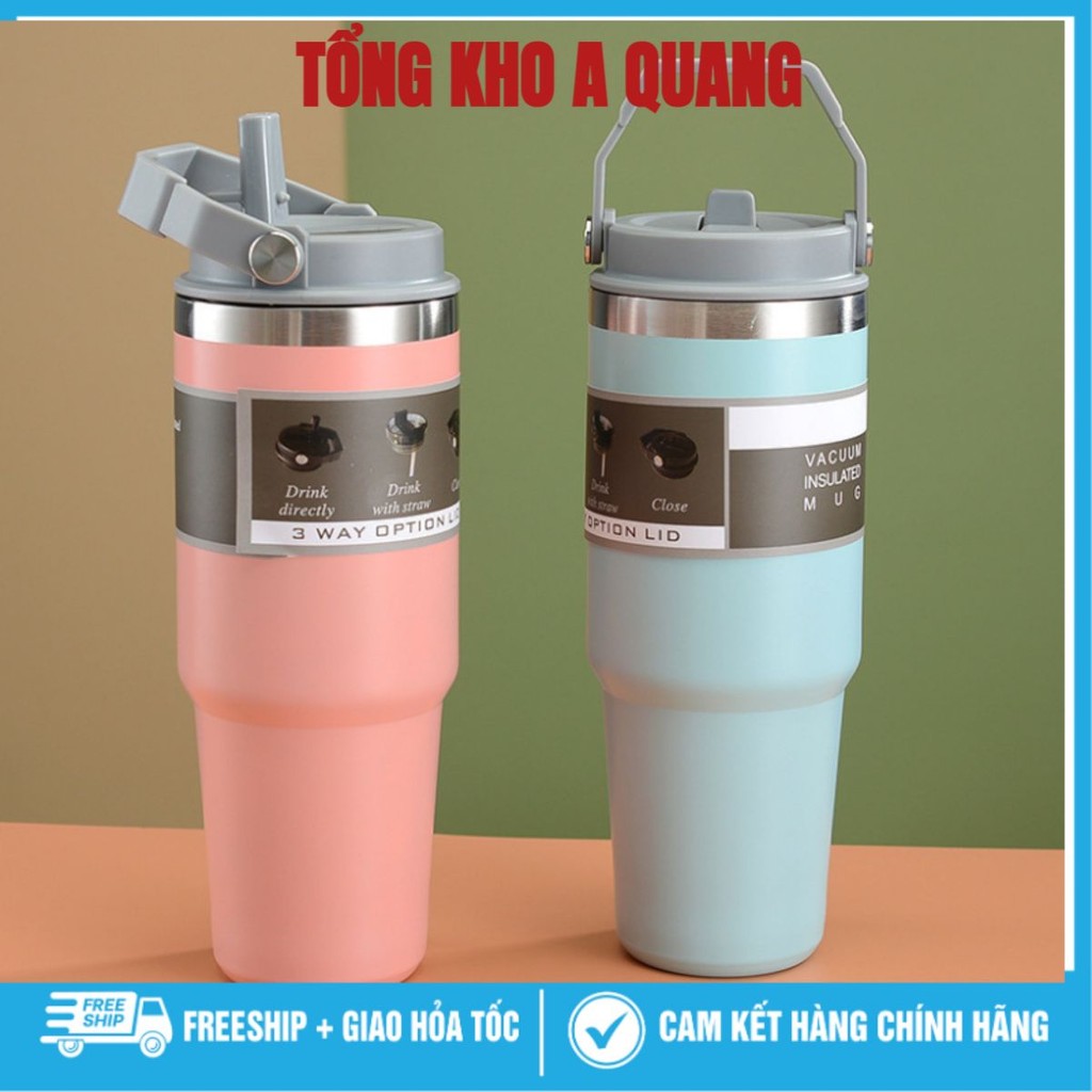 Bình giữ nhiệt quai xách TUMI 900ML kèm ống hút tiện lợi, Ly lõi inox giữ nhiệt 5-6h nóng lạnh, Cốc giữ nhiệt INOX