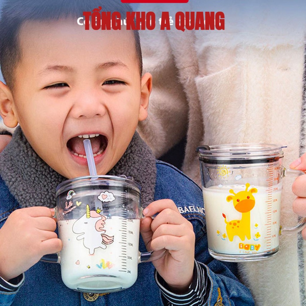 Cốc Chia Vạch Thuỷ Tinh JYoohome Cốc Pha Sữa Cho Bé Có Ống Hút Dùng Cho Bé Tập Uống 350ml