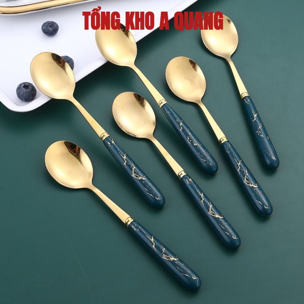 Thìa Inox Mạ Vàng Cán Sứ Vân Đá DeCor Kèm Hộp