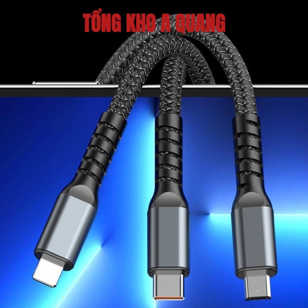 3369 Cáp Sạc Nhanh , Dây Sạc Tự Ngắt Bọc Dù 100W Tích Hợp 3 Cổng Micro Usb Type C 3 In 1