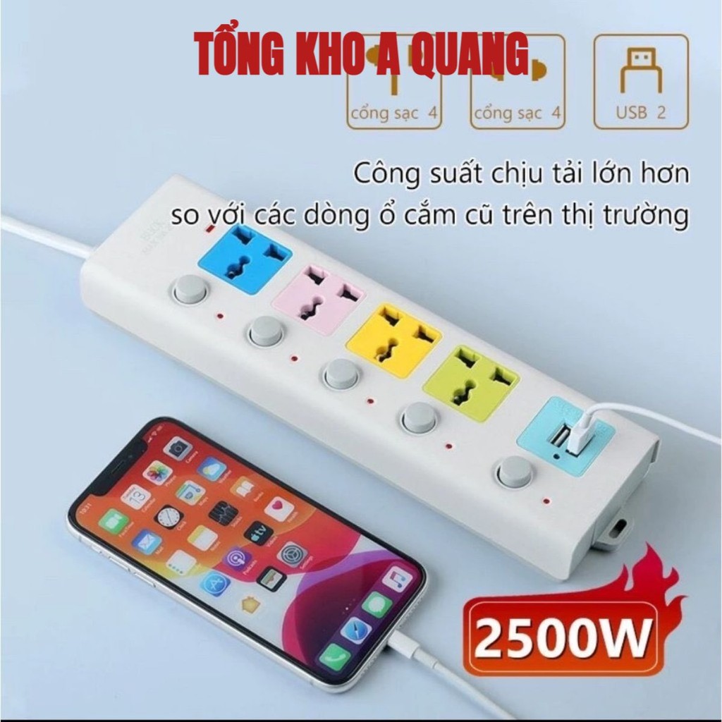 Ổ Cắm Điện USB Đa Năng Cao Cấp Chống Giật Dây Dài 4m, 2 Cổng Cắm USB Có Chốt An Toàn Tiện Dụng