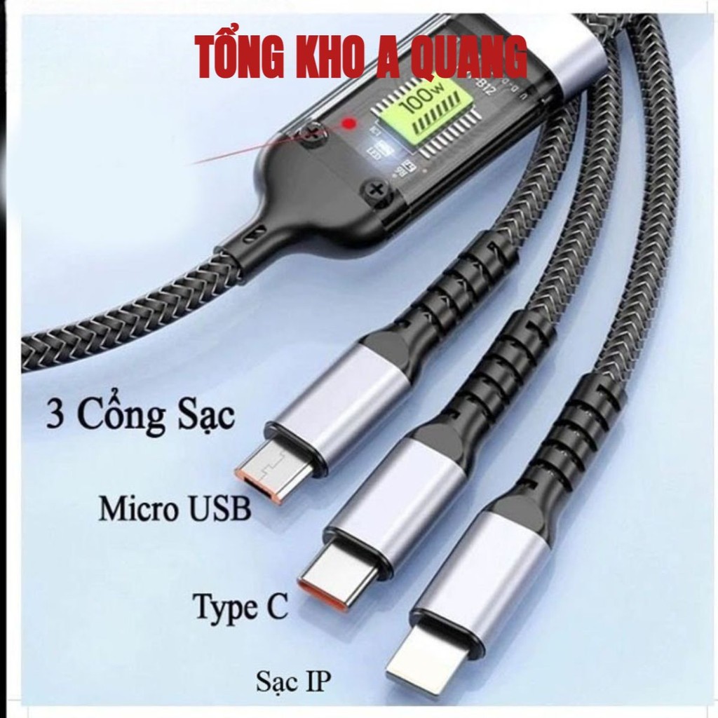 Cáp Sạc Nhanh 3 Đầu, Dây Sạc Tự Ngắt Bọc Dù 100W Tích Hợp 3 Cổng Micro, Usb, Type C 3 In 1