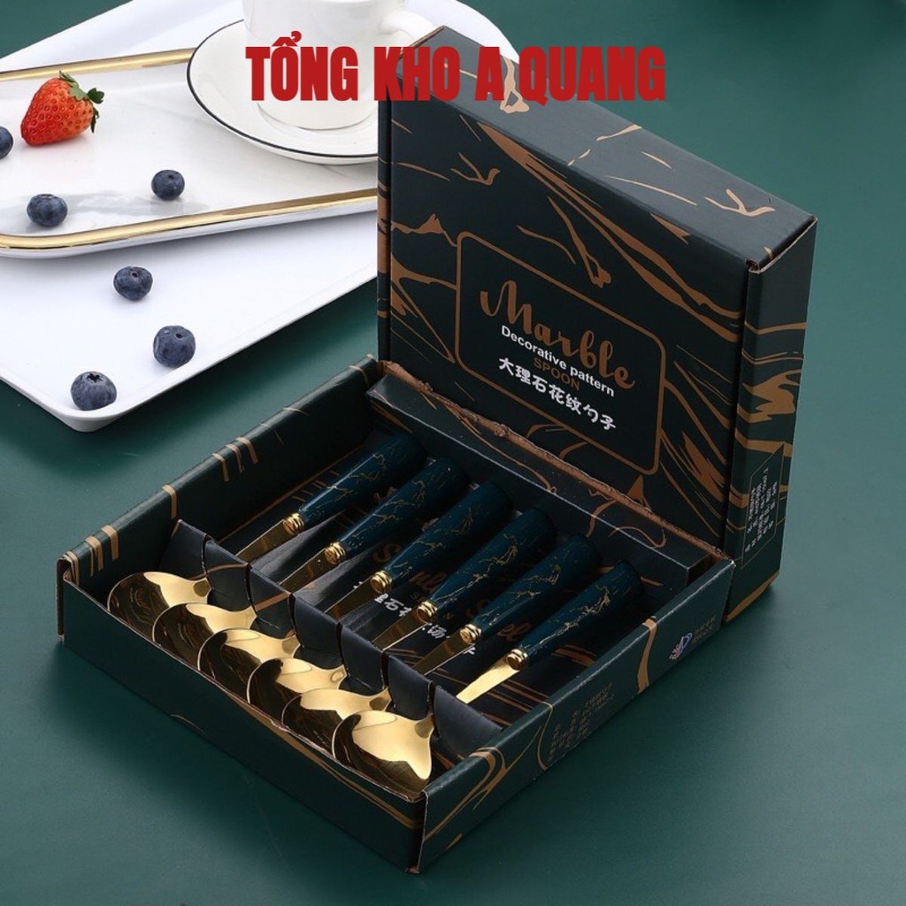 [ComBo] 6 Thìa Inox Mạ Vàng Cán Sứ Vân Đá DeCor Kèm Hộp