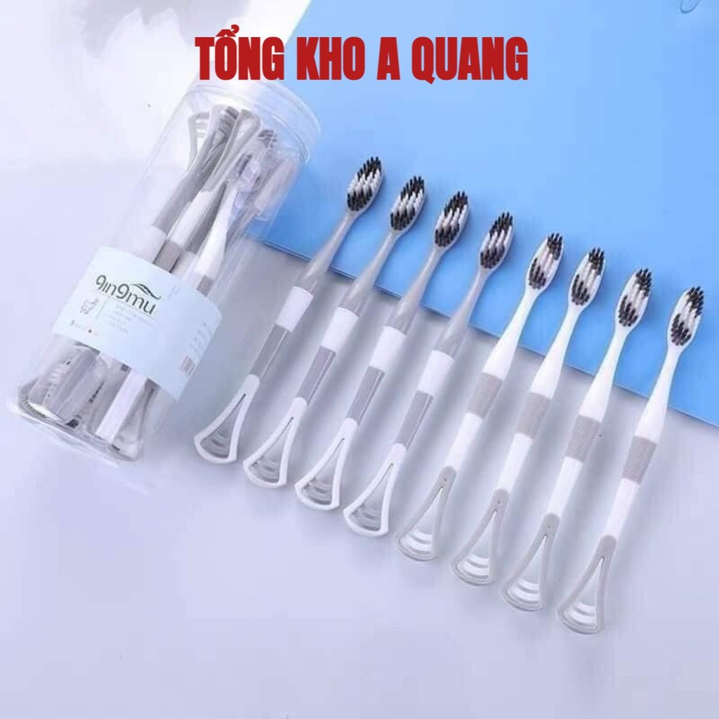 Hộp 8 Bàn Chải Đánh Răng 2 Đầu Kèm Cạo LưỡI, Bàn Chải Đánh Răng 2 In 1 Có Dụng Cụ Cạo Lưỡi