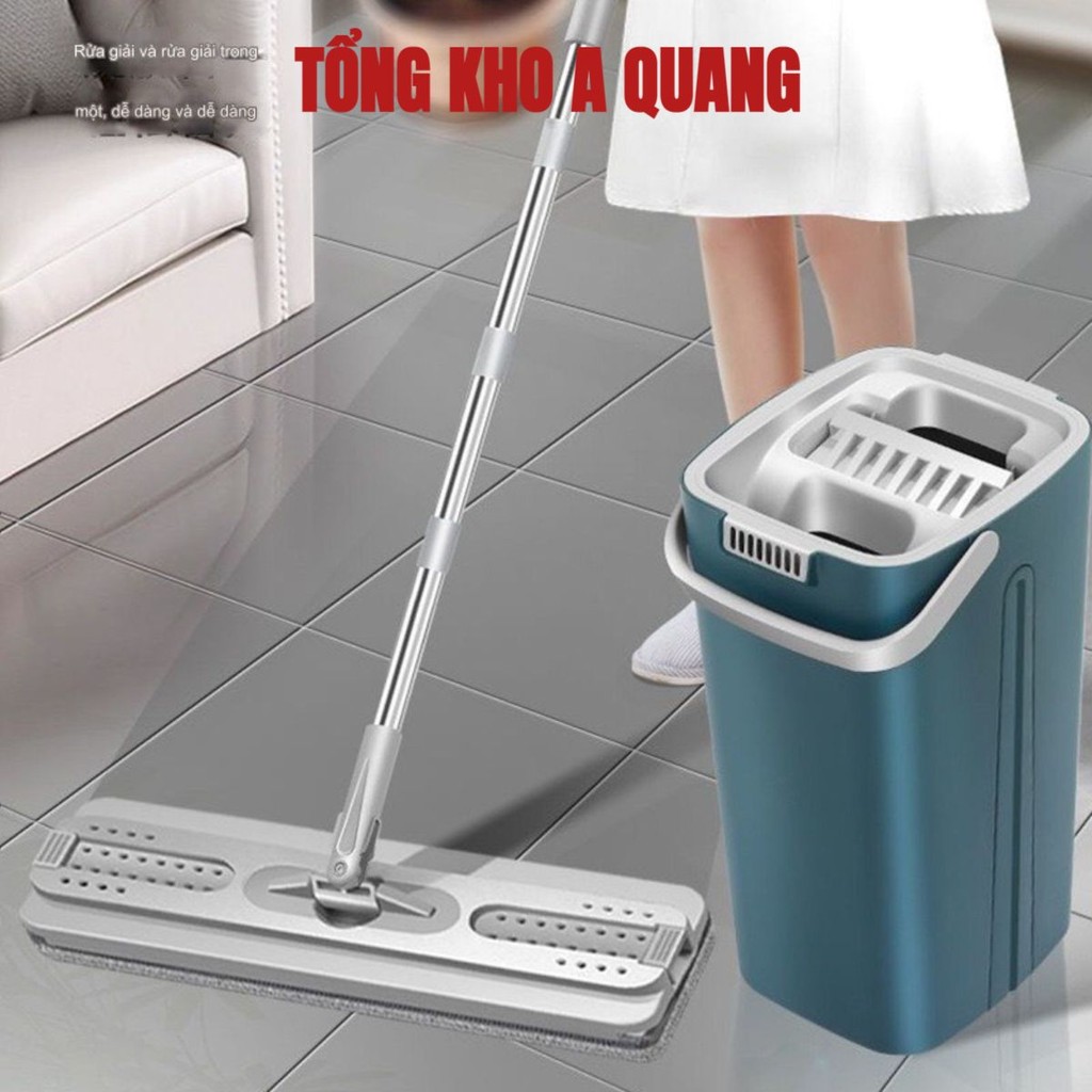 Bộ Lau Nhà (1 Thùng + 2 Cây Lau và 8 Bông Lau) Lau Tự Vắt Thông Minh, Chổi Lau Nhà Phẳng Xoay 360 Độ
