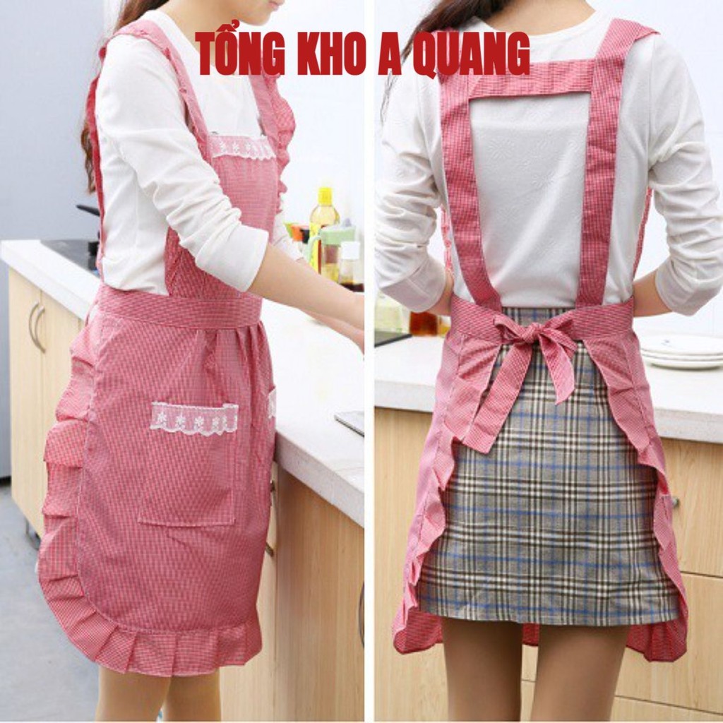 Tạp Dề Kẻ Phối Ren Cách Điệu, Có Túi Đựng Tiền và Điện Thoại, Chống Thấm Nước - Hàng loại 1