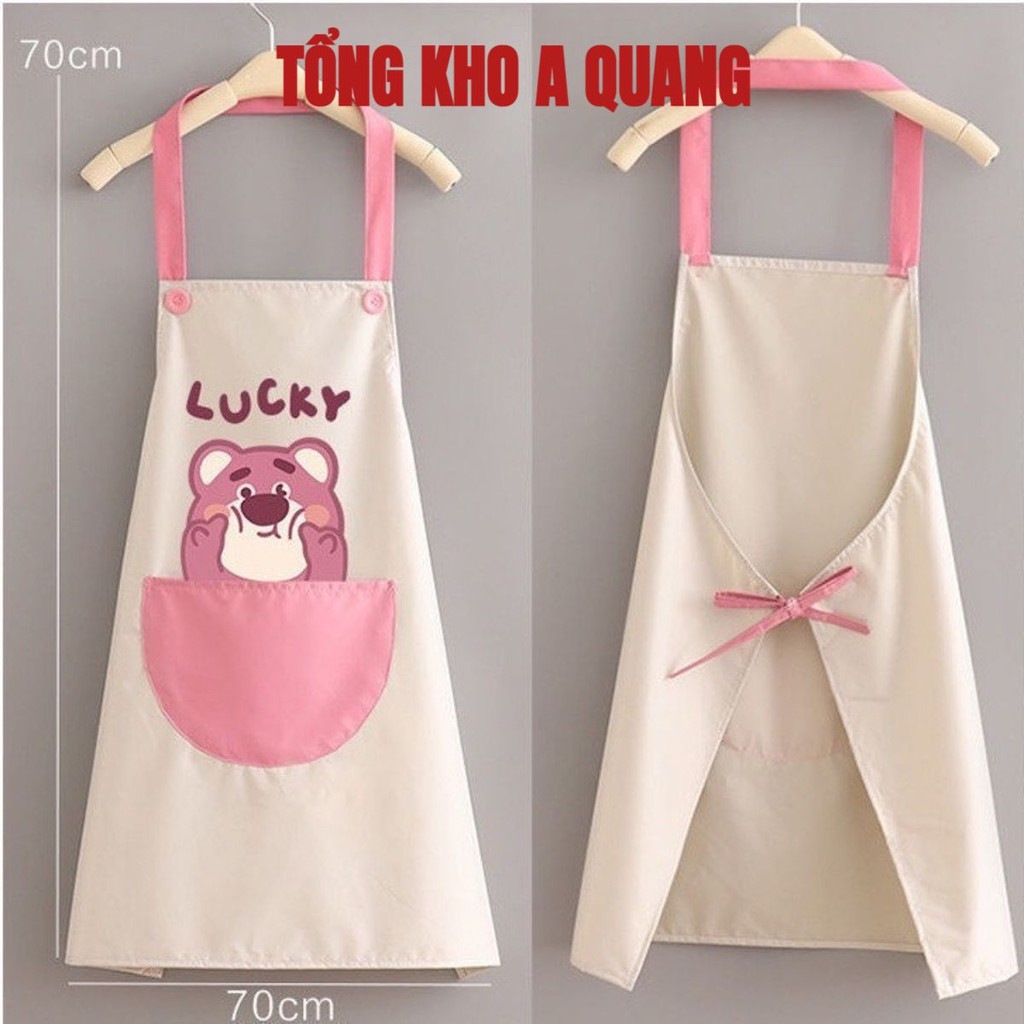Tạp Dề Chống Thấm Nước Hình Gấu Dâu Dễ Thương, Tạp Dề Nấu Ăn Chống Nước Chống Dầu Có Túi Đề Điện Thoại Chỗ Lau