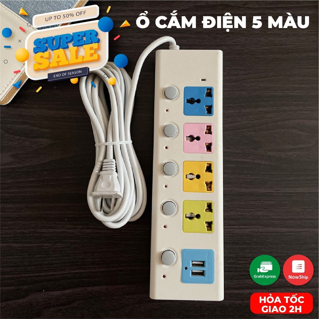 Ổ Cắm Điện Dài 5 MÉT Thông Minh 4 Chấu Kèm 2 Ổ Cắm USB - Dây Dài Dày Dặn