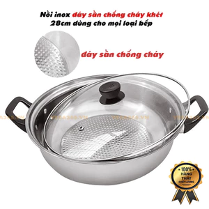 Nồi Inox Đáy Sần dày dặn chống cháy 28cm, Dùng Cho Mọi Loại Bếp - Nắp Kính Sang Trọng