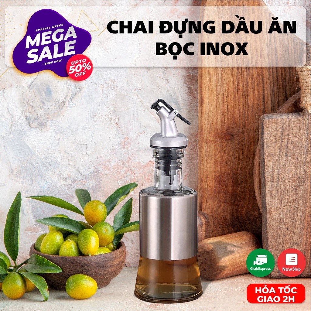Chai đựng dầu ăn BỌC INOX 500ml- 300ml- 200ml Sang Trọng