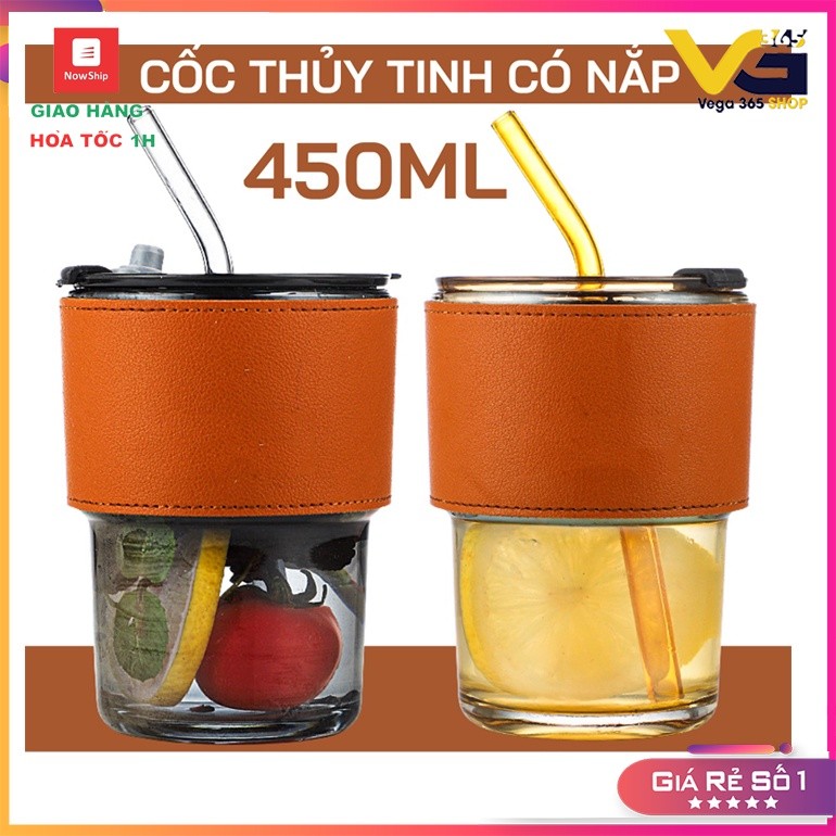 Combo 4 Cốc Bọc Da 450ML Thủy Tinh Cao Cấp Tặng Kèm Nắp Đậy Và Ống Hút Thủy Tinh Cao Cấp