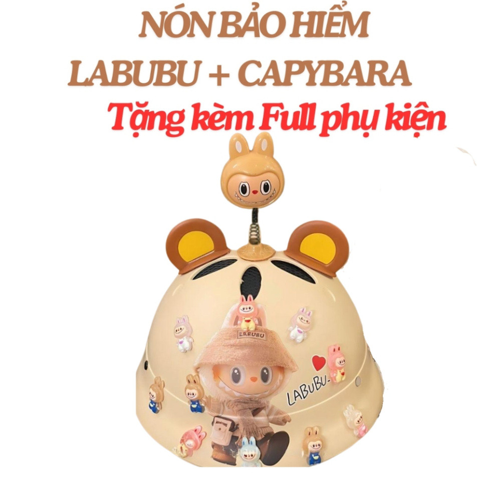 [Tặng kèm 2 tai mèo + Lò xo gắn nón+5 Charm] Nón Bảo Hiểm Labubu Capybara Cho Bé Có Vành Dễ Thương (2 -10 Tuổi)