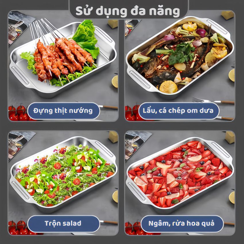 [Tặng Kẹp Gắp Thức Ăn] Khay Om Cá Inox Có Nắp, Khay Nấu Ăn, Nướng Bánh, Nấu Lẩu Đa Năng
