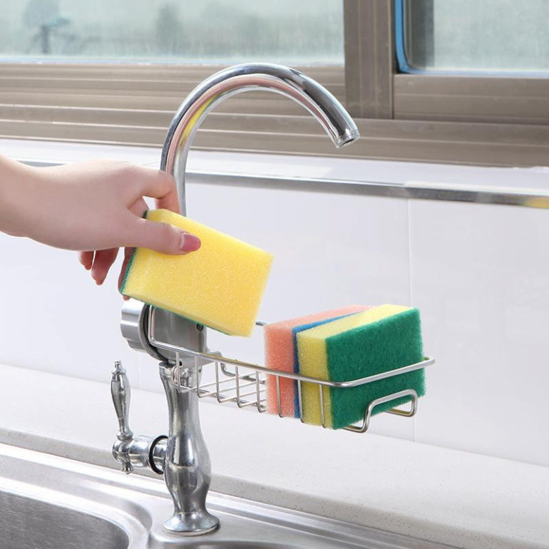 Khay Rổ Để Đồ Bồn Rửa Chén - Giá Kệ Kim Loại Đựng Giẻ Rửa Chén Gắn Vòi Rửa Bát OKSEP