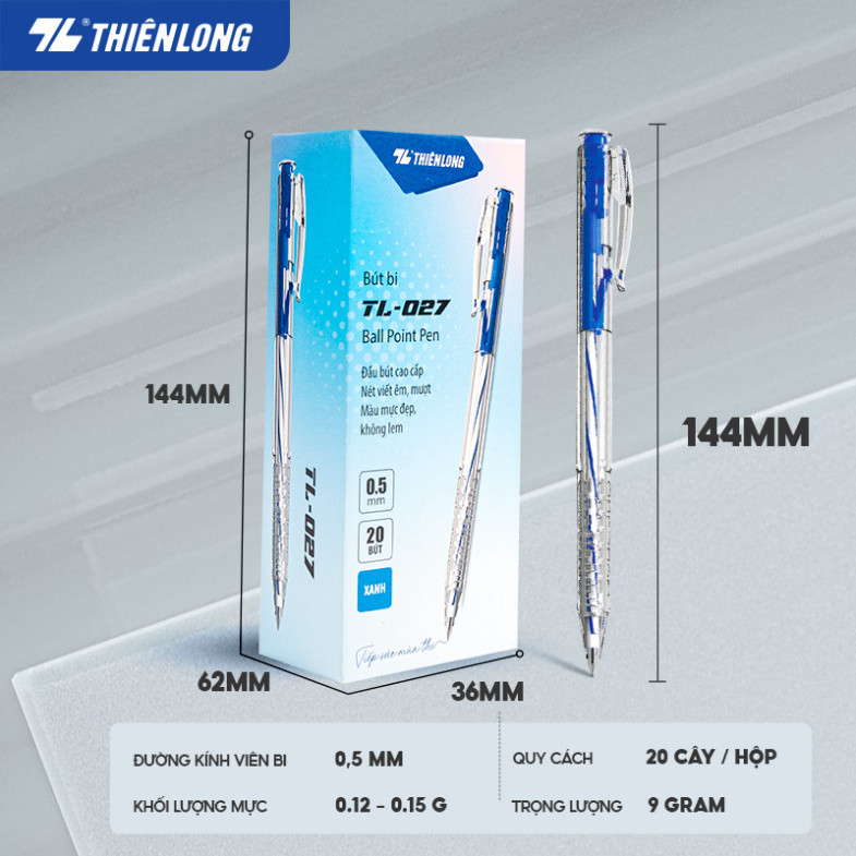 Hộp 20 Bút Bi Thiên Long TL-027 Ngòi 0,5mm - Bút Bi Viết Mực Xanh