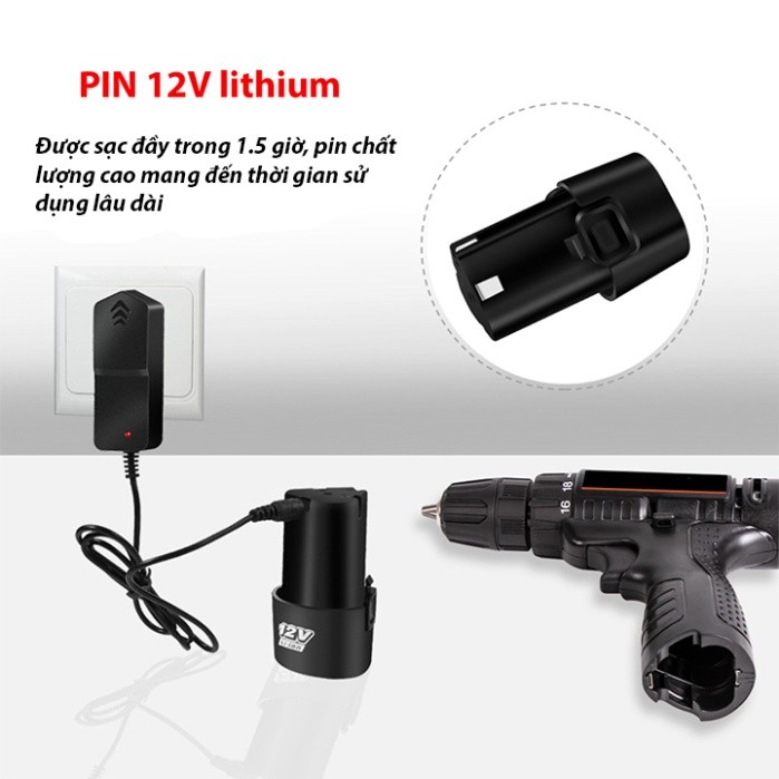 Máy khoan pin khoan vặn vít 12v có đảo chiều, đèn led