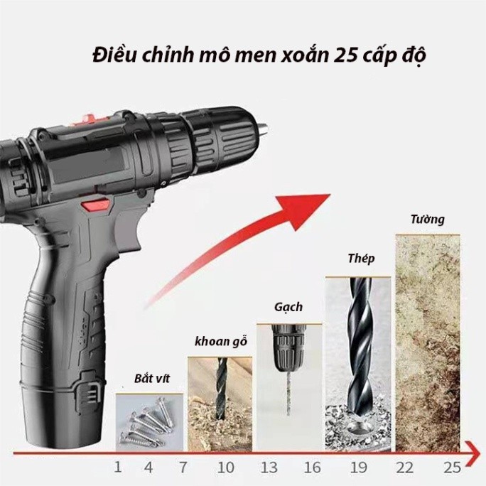 Máy khoan pin khoan vặn vít 12v có đảo chiều, đèn led