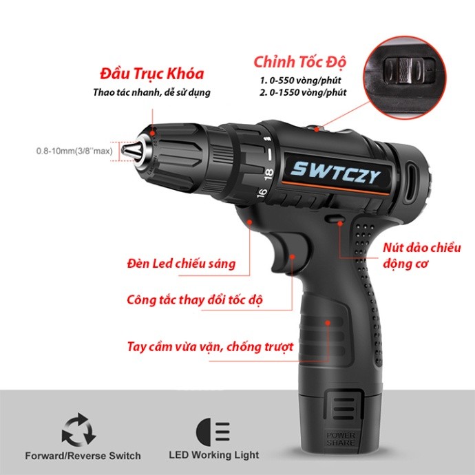 Máy khoan pin khoan vặn vít 12v có đảo chiều, đèn led