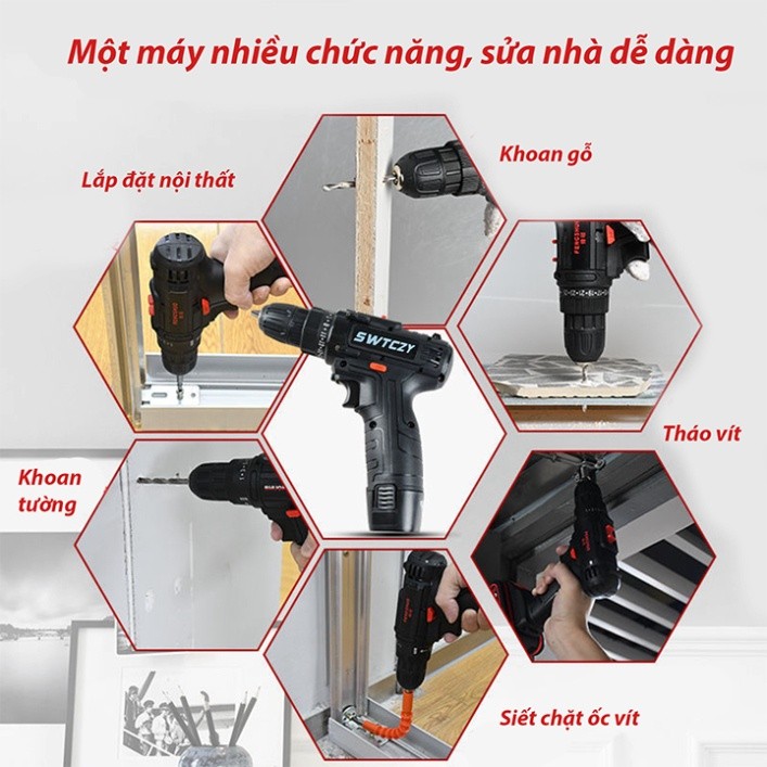Máy khoan pin khoan vặn vít 12v có đảo chiều, đèn led