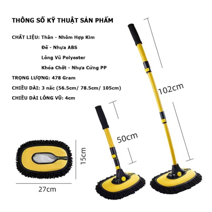 Chổi rửa nóc xe ô tô chổi lau xe ô tô cán dài 3 mức gấp gọn