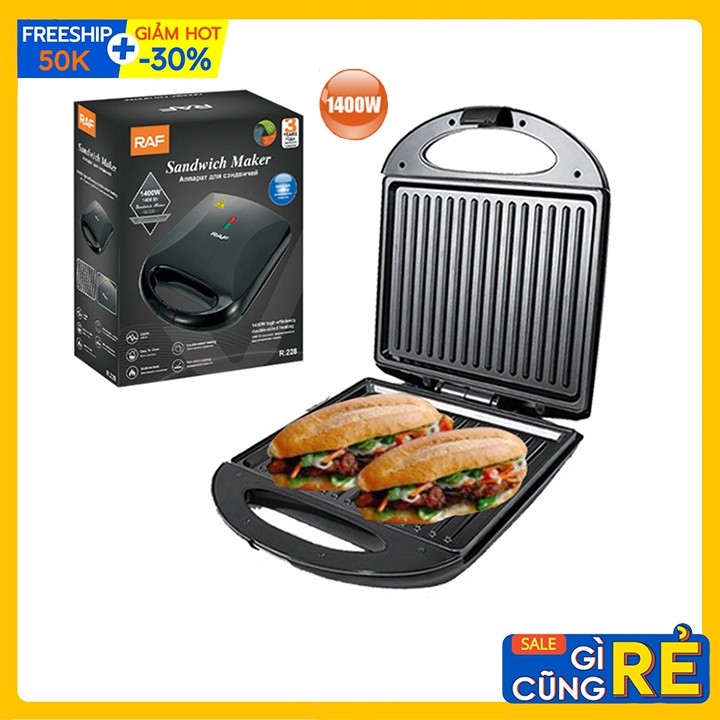 Máy ép nóng bánh mì RAF 1400W làm nóng đều 2 mặt khuôn, bánh thơm ngon