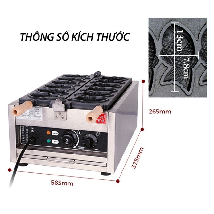 Máy làm bánh cá taiyaki 3000W gia nhiệt kép 2 mặt, chống dính teflon siêu bền