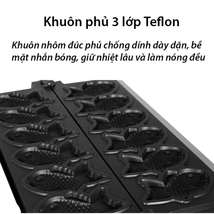 Máy làm bánh cá taiyaki 3000W gia nhiệt kép 2 mặt, chống dính teflon siêu bền