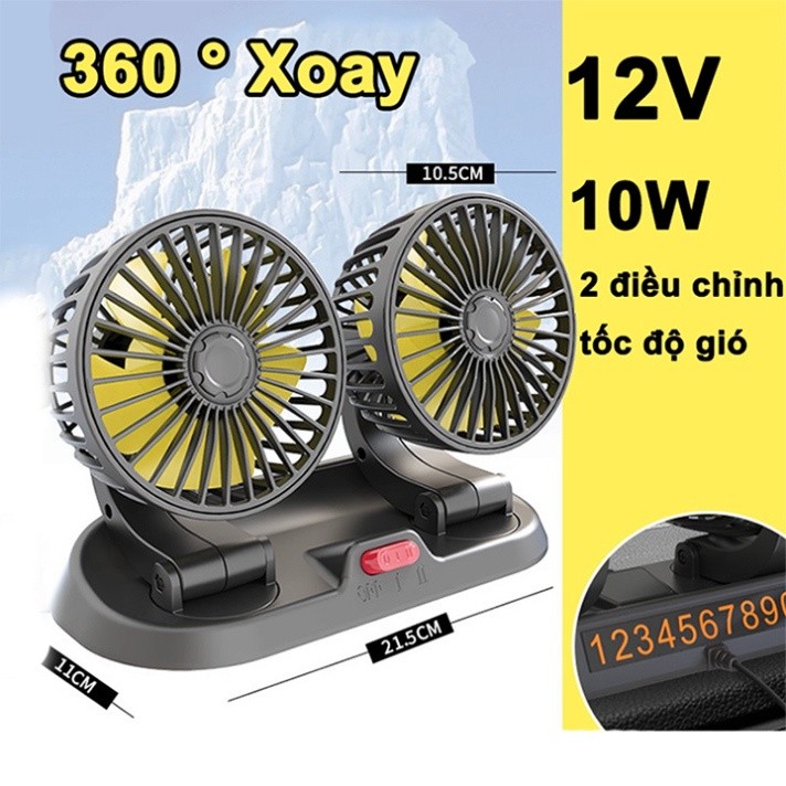 Quạt đôi ô tô, quạt xe ô tô 10W gió mạnh xoay 360 kèm biển để số điện thoại