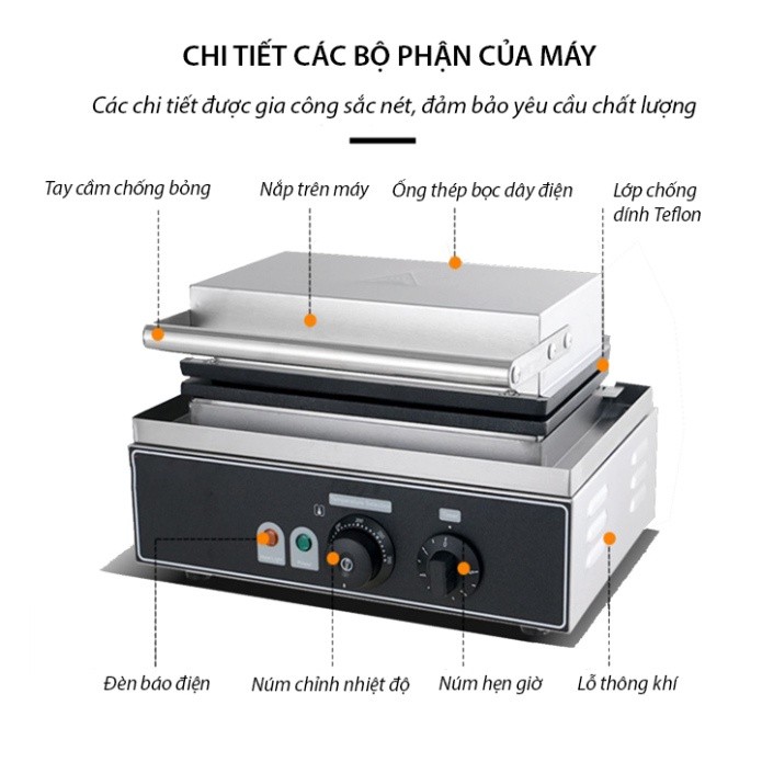 Máy nướng bánh mì 2200W gia nhiệt kép 2 mặt, chống dính teflon siêu bền