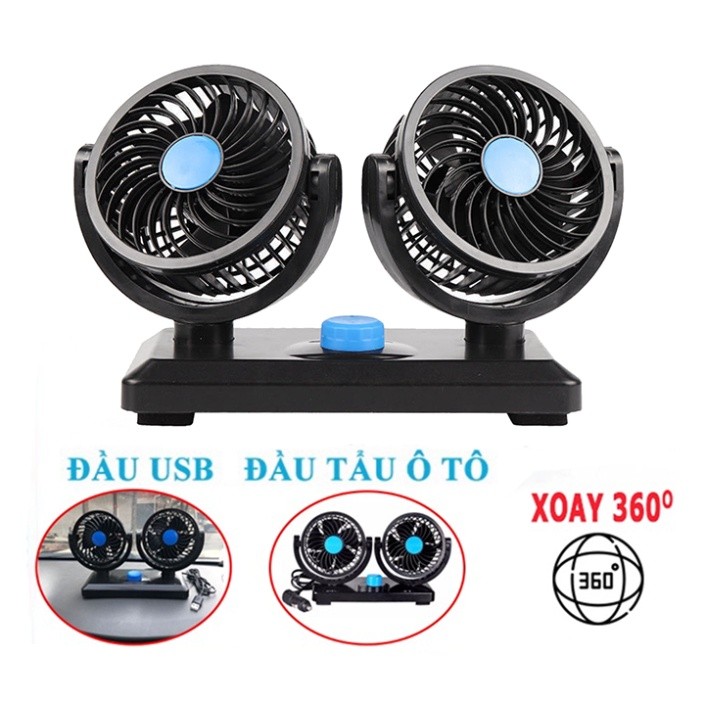 Quạt đôi ô tô 10W cắm tẩu 12v xoay 360 độ cho xe tải, xe con