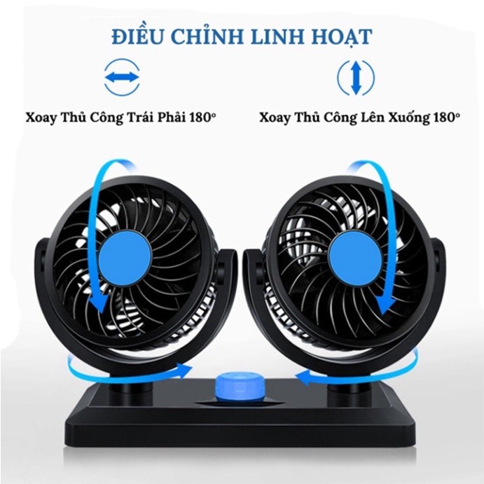 Quạt đôi ô tô 10W cắm tẩu 12v xoay 360 độ cho xe tải, xe con