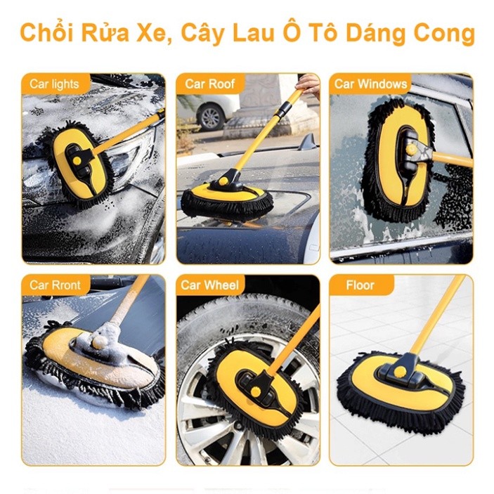 Chổi rửa xe ô tô cán dài 3 nấc chuyên dụng, uốn cong 15 độ