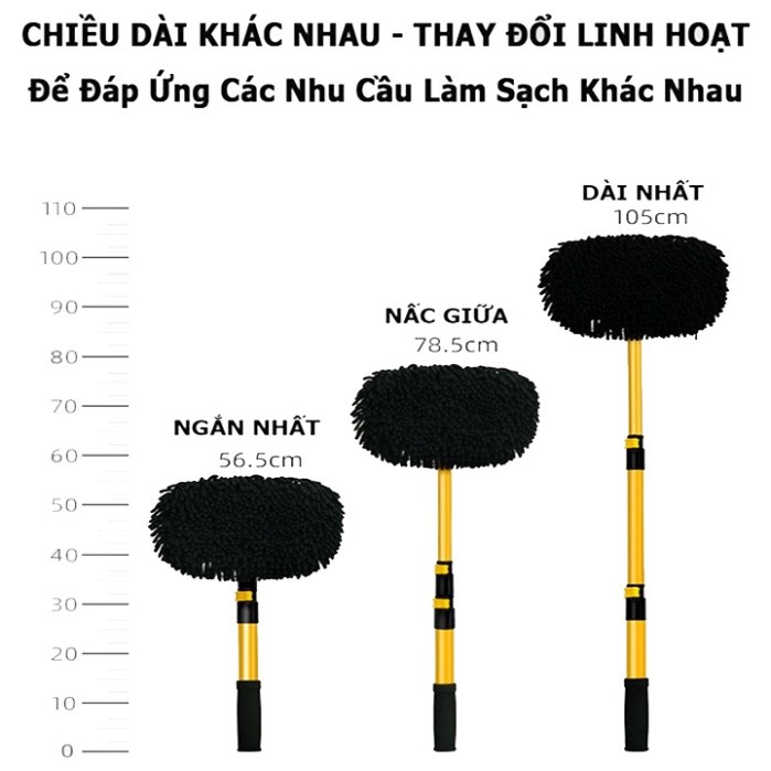 Chổi rửa xe ô tô cán dài 3 nấc chuyên dụng, uốn cong 15 độ
