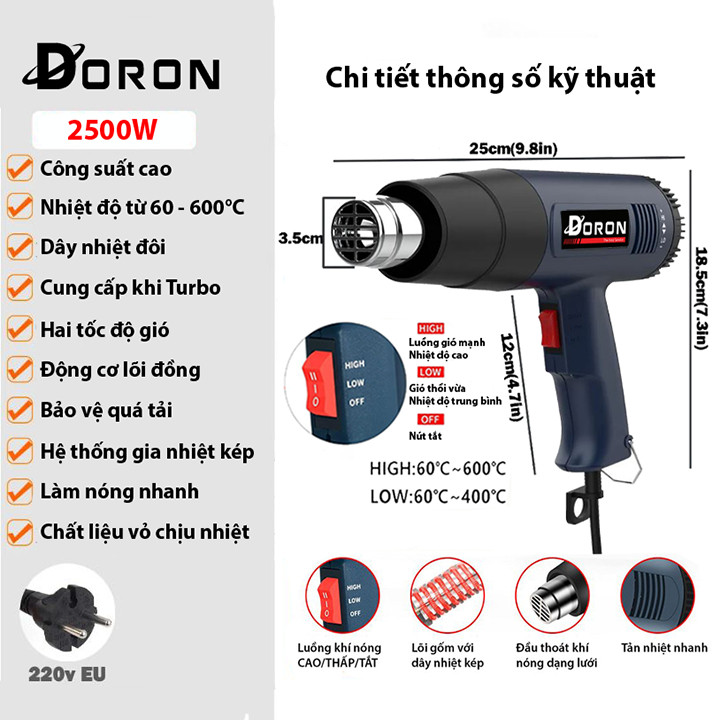 Máy khò nhiệt cầm tay, máy thổi hơi nóng DORON 2500W gia nhiệt kép nóng nhanh, khí thổi mạnh